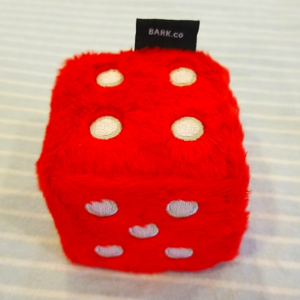 Bark Box super Chewey Red Fuzzy Dice. 2 toys in one! Inside solid rubber toy